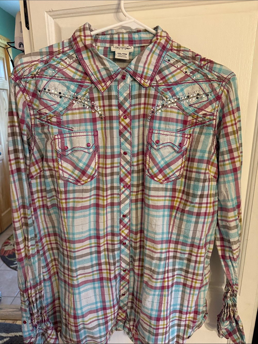 Ariat women’s Plaid Button-Down Shirt in Aqua, Pink & Green